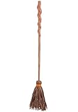 Spiral Witch Broom for Halloween - 3 Piece Plastic Broomstick with Raffia and Poly Wrap, 52 Inches - Brown