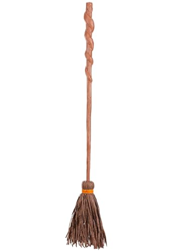 Spiral Witch Broom for Halloween - 3 Piece Plastic Broomstick with Raffia and Poly Wrap, 52 Inches - Brown