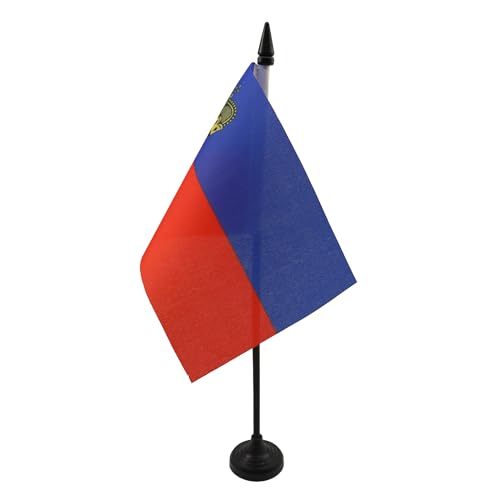 AZ FLAG - Drapeau De Table Liechtenstein - 15x10 cm - Mini Drapeau Liechtensteinois De Bureau 100% Polyester Avec Hampe De 25cm Et Socle En Plastique Noir