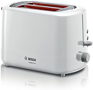 Bosch CompactClass TAT3A1111 kompaktowy toster, zintegrowana przystawka do bułek, z automatycznym wyłączaniem, z funkcją rozmrażania, idealny na 2 kromki tostów, funkcja podnoszenia, 800 W, biały