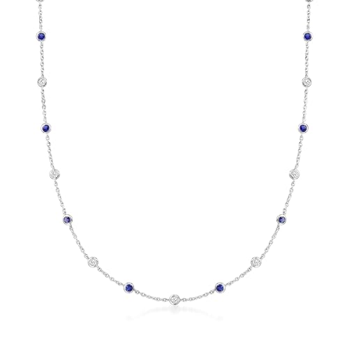 Ross-Simons 2.30 ct. t.w. CZ and 2.00 ct. t.w. Simulated Sapphire Station Necklace in Sterling Silver