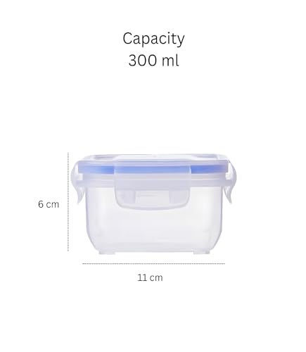 Image of Transparent Airtight Plastic Container Set for Kitchen Storage | Box & Dabba with 4-Side Clip & Lock Lid | for Spices, Snacks, Pasta, Fryms, Tea, Coffee & Pantry Organization (300ML)