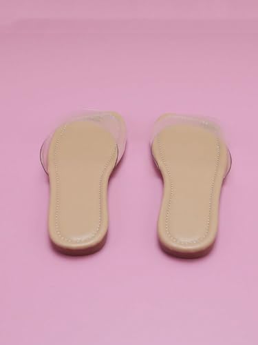 GORGLITTER Girl's Clear Sandals Dressy Flat Sandals PU Leather Open Toe Slip On Slide Sandals Beige Clear 3.52