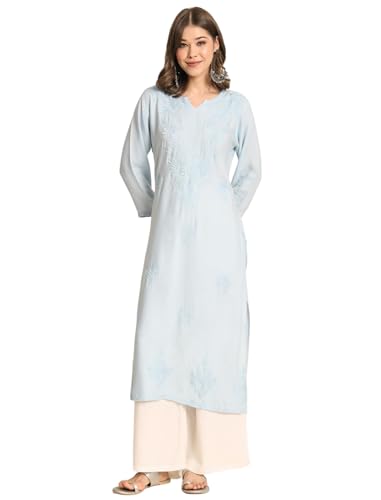 Image of VAIRAGEE Women's Embroidered Lukhnavi Chikankari Work Straight Rayon Ethnic Kurta | Casual Office Kurta for Women