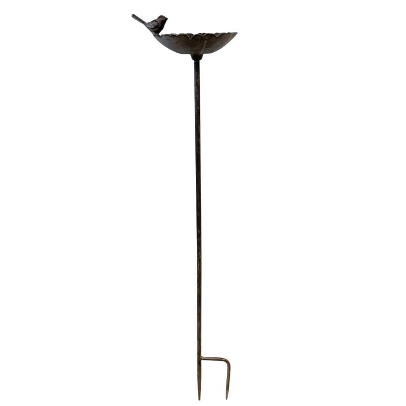 Bain Oiseau Fleur Coupelle à Oiseau Bénitier sur Pic Fonte et Acier Patiné Marron Tuteur 14,5x17,5x87cm