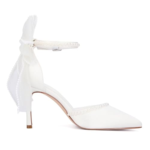 Women’s Bow Tie Back Heels Pearl Wedding Shoes for Bride Closed Toe Bridal Shoes4