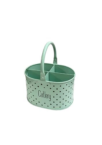 Image of D&G Homes Metal Cutlery Holder | Stainless Steel Spoon & Fork Stand | Multi-Compartment Organizer | Rust-Resistant | Compact & Stylish | Kitchen & Dining Use |Easy to Clean|17x12x10cm |Green Polka