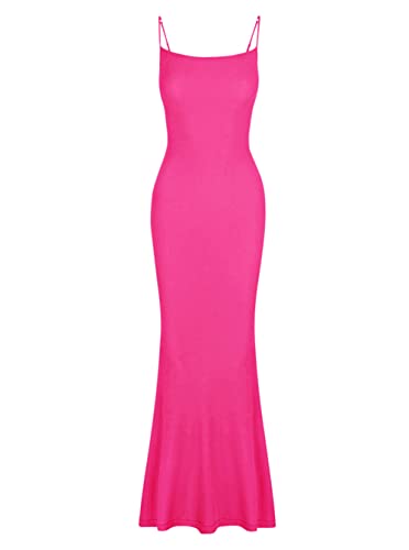 REORIA Women's Sexy Casual Lounge Slip Long Dress Elegant Wedding Guest Sleeveless Backless Ribbed Bodycon Maxi Dresses Rose Red Large - Thumbnail 4