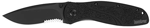 Kershaw Blur, Black Serrated (1670Blkst); Folding Knife With All-Black Body, Partially Serrated 3.4” 14C28N Steel Blade, Anodized Aluminum Handle With Trac-Tec Grip, Speedsafe Opening, Reversible Pocketclip; 3.9 Oz #TOP1