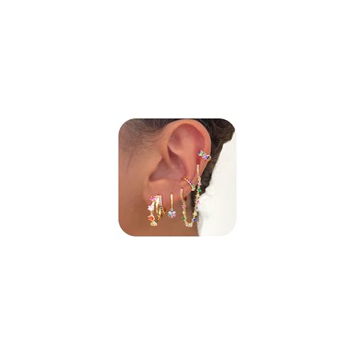 ISUEVA Lovely Colorful Stud Earrings Set for Women Hypoallergenic Silver Gold Multicolor Zircon Chain Hoop Earrings 14K Gold Plated Cubic Zirconia Dainty Lightweight Cuffs Earrings for Women Flowers Dangle Earrings Set for Women Fashion Jewelry Earrings for Gifts (Gold)