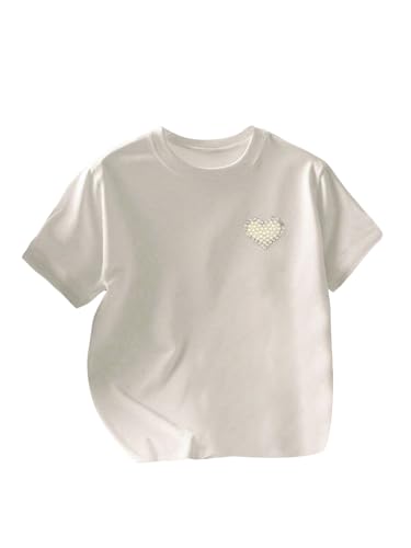 Image of RoseSeek Women's Beaded Sequin Tops Bowknot Bow T Shirt Short Sleeve Crewneck Trendy Tee Top Y2k Tops Pearl White Small