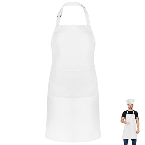 DDUP Kitchen Apron Adjustable Black Kitchen Chef Aprons with 2 Pockets Women Men Aprons for Home Kitchen Restaurant Coffee House Baking Gardening BBQ Professional Apron (Black) (White-Pack of 1)