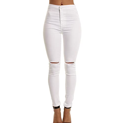 Women High Waist Ripped Skinny Jeans Distressed Butt Lift Pencil Denim Pants Slim Fit Washed Stretch Jean Trousers (White,X-Large)
