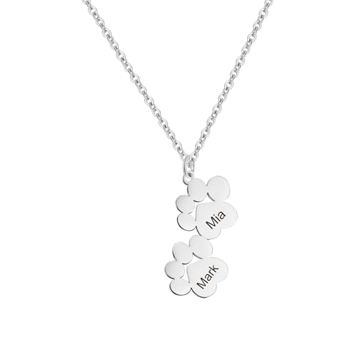 Personalized Paw Print Necklace with 1-4 Name, Custom Dog Paw Necklace S925 Silver/copper Personlized Engraving Name Necklace Tiny Paw Necklace Pet Memorial Jewelry for Pet Lovers