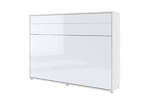 Schrankbett Bed Concept, Wandklappbett mit Lattenrost, V-Bett, Wandbett Bettschrank Schrank mit integriertem Klappbett Funktionsbett (BC-04, 140 x 200 cm, Weiß/Weiß Hochglanz, Horizontal) – Bild 3