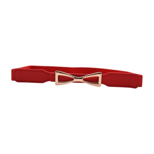 Women Red Skinny Fashion Belt - Faux Leather Narrow Waistband Gold Bow Buckle S M z217