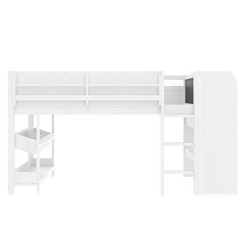 Image of Full Loft Bed with Multi-Storage Bookcases, Boxes and Drawers, Solid Wood Low Loft Beds with Desk and Blackboard, No Box Spring Needed (White-02)