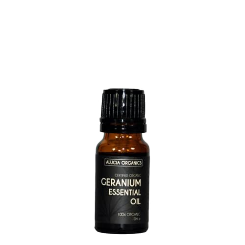 Alucia Organics Certified Organic Geranium Essential Oil 10ml - Pure, Natural, Cruelty Free, Vegan, Undiluted - for Use in Aromatherapy, Massage Blends and Diffusers