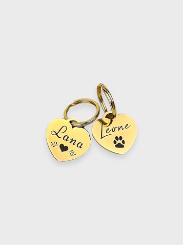 Hundemarke mit Gravur | Personalisiert mit Name, Telefonnummer, Handschrift, Pfote, Herz-Form | ⌀25mm Edelstahl Dog Tag, Namens-Anhänger für Hunde-Halsband, Alpaka, Pferd | Gold