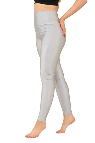 Loxdonz Women's Neon Shiny High Waist Leggings Silver Medium