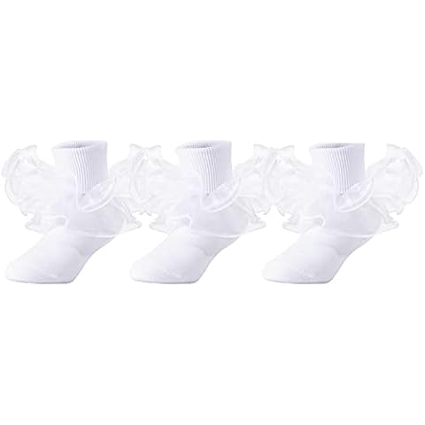 Dicry Toddler Girls Socks Double Lace Frilly Ruffle Ripple Turn Cuff for Baby Little Kids (White, 1-3 Years) Cover