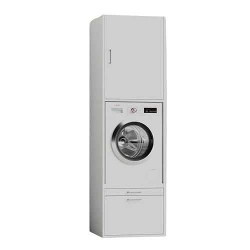 WASCHTURM Waschmaschinenschrank mit Schrankaufsatz HBT: 233x67x65 cm Schublade & Ausziehbrett TÜV-Zertifiziert Weiß