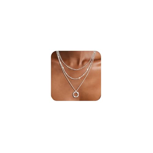 Bvuem Silver Layered Necklace for Women, Stackable 925 Sterling Silver Stacked Choker Necklaces for Women Trendy Dainty Layering Circle Pendant Chain Necklace Set Stack Fashion Jewelry for Women