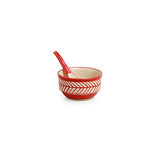 Image of ExclusiveLane 'Red Chevrons' Handcrafted Ceramic Soup Bowl with Spoon /Soup Cups (Set of 2, 250 ML, Microwave Safe & Dishwasher Safe) - Soup Bowl Set with Spoon