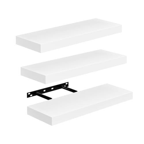 FURNITABLE Set de 3 Estante de Pared 14x40x3cm Color Blancas, Balda Flotante Pared de Madera Fijación Invisible, Estantes de Almacenamiento Decorativos, Ideal para Salón, Habitación, Pasillo