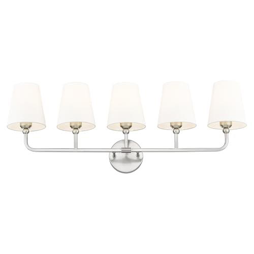 Image of Bathroom Light Fixtures, 5 Light Brushed Nickel Vanity Lights with Flared White Fabric Shade, 35 Inch Wall Sconce, Modern Sconces Wall Lighting for Hallway Bedroom, VL837-BN-5