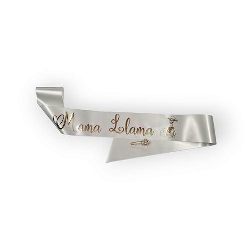 Amy's Bubbling Boutique Mama Llama Baby Shower Sash for Mom to Be White & Rose Gold with Adjustable Rhinestone Safety Pin