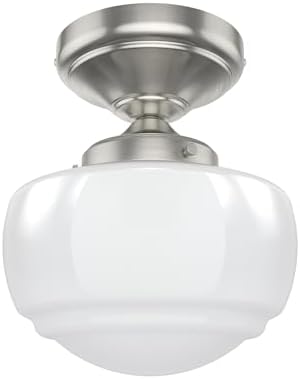 Hunter - Saddle Creek 1-Light Brushed Nickel, Schoolhouse Style, Dimmable, Small Flush Mount Light for Bedrooms, Kitchens, Foyers, Bathrooms - 19048