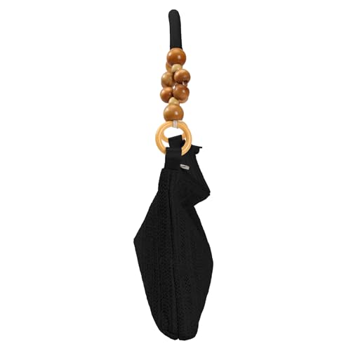 Image of Small Straw Shoulder Bag for Women, Woven Summer Handbag with Wooden Beaded Handle Vacation Purse