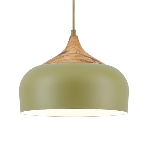 ELYONA Vintage Pendant Light Fixtures with Faux Pine Wood Grain, 12 Inch Adjustable Hanging Light Moss Green Metal Shade, Mid Century Modern Nordic Pendant Lamp for Kitchen Island Dining Room Bedroom