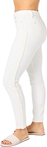 Judy Blue Women's Mid-Rise SS Braided Detail Relaxed Skinny Jeans 88782 (White, 13)2