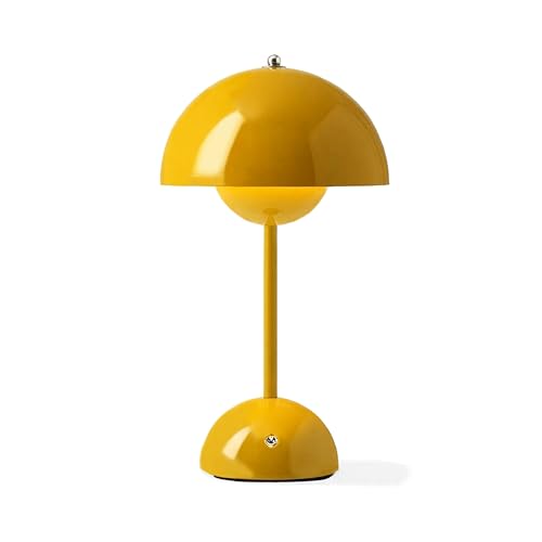 Lámpara de mesa LED Milan con forma de seta, inalámbrica, recargable de 5000 mAh, color amarillo, intensidad regulable y 3 temperaturas de color. IP44. Cable USB y enchufe UE incluidos.