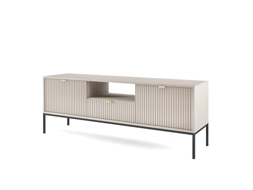 FURNLUX Mueble de TV Avon, beige y negro, madera y acero, 154 x 39 x 56 cm, 3 estantes con cajón, estilo retro