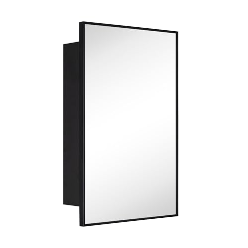 Image of TEHOME 17.5'' x 29'' Black Recessed and Surface Mount Bathroom Medicine Cabinet with Mirror Matt Black Square Cornered Metal Framed Rounded Rectangle Medicine Cabinet Mirror
