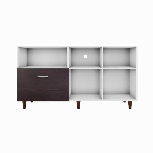 Image of VIKI Modern TV Unit for Living Room | Engineered Wood TV Cabinet with 1 Drawer Storage & 3 Open Shelves, Entertainment Unit, 140W x 74H x 40D cm | DIY | 1 Year Warranty (White & Wenge)