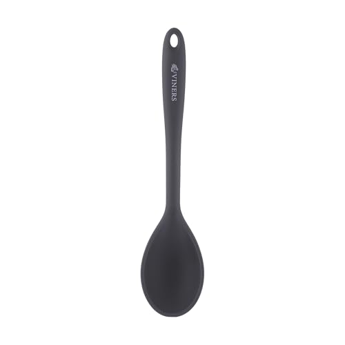 Viners Silicone Solid Spoon | Heat-Resistant Non-Stick Cooking Spoon for Stirring, Mixing & Serving | Safe for Non-Stick Cookware | Light Grey Kitchen Utensil | Dishwasher Safe with Hanging Hook