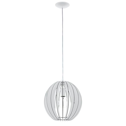 EGLO Holz Pendellampe Cossano, 1 flammige e Pendelleuchte, Hängeleuchte aus Holz und Stahl, Farbe: Weiß, Fassung: E27, Ø: 30 cm