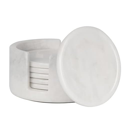RADICALn Coaster Set Cup Pad 3.5 Inches Handmade Marble White Round Coasters Set for Mug Glass Drinks - Kitchen Caddy, Car, Office Drink Coaster Sets