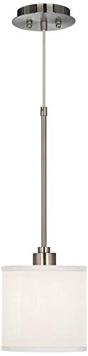 Possini Euro Design Brushed Nickel Silver Metal Mini Pendant Light 7" Wide Modern Cream White Textured Faux Silk Drum Shade Fixture Dining Room House Bedroom Kitchen Island Hallway High Ceilings #TOP1