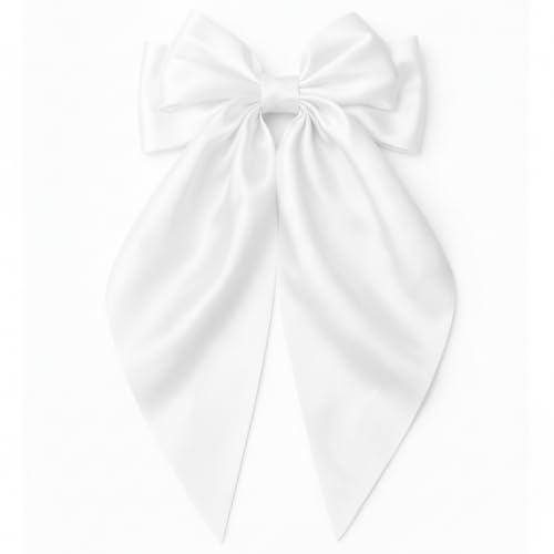 White Oversized Satin Hair Bow Clip with Long Tails for Women