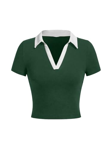 Avanova Women Polo Collared V Neck Tee Shirts Ringer Short Sleeve Crop Tops