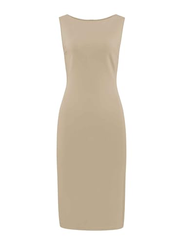 Hobemty Damen Ärmelloses Etuikleid U-Boot-Ausschnitt Casual Büro Bleistiftkleider, Beige, Klein