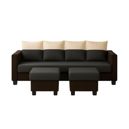 Image of SOCOZI Konva 6 Seater L Shape Sofa Set with 2 Movable Ottomans | Flexible Layout | Soft Velvet Suede Fabric | Modern Design | Plush Comfort Cushions for Living Room (Cream-Dark Grey-Brown)