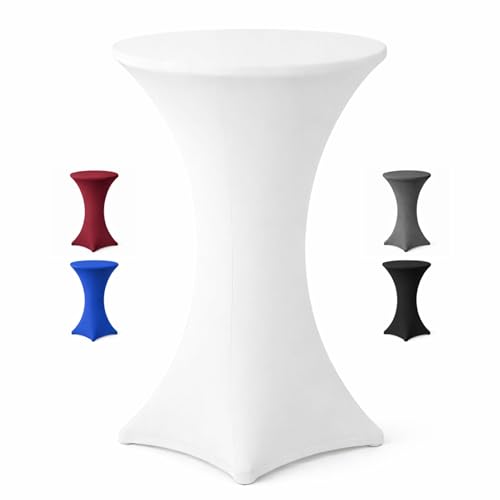 EXKLUSIV HEIMTEXTIL Stehtischhusse für Bistrotisch mit 4 verstärkten Fußlaschen elastisch Stretch Oeko-TEX Zertifiziert Ø 70-75x110-120 cm Weiss (1 Stück)