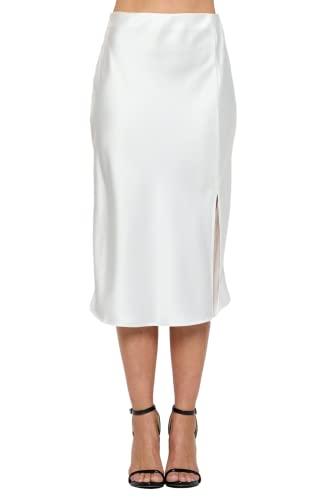 RENEEC. Women Solid Satin High Waist Elastic A Lined Slit Midi Skirt - Made in USA
