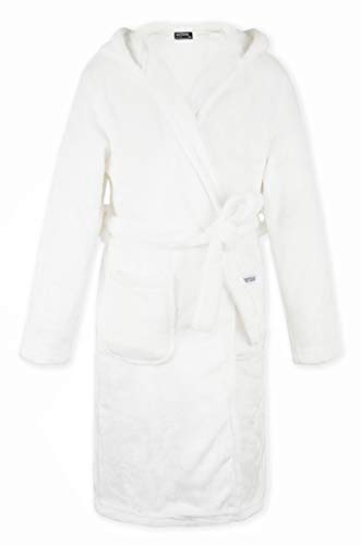 DOTDOG Kids Soft Flannel Hooded Robe Classic Casual Pajamas Plush Coral Fleece Bathrobe for Boys or Girls 3-12 Years (White, XL)